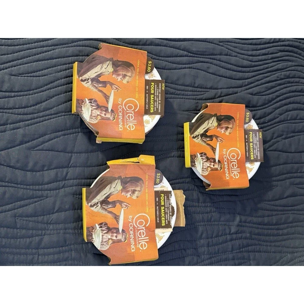 Vintage Corelle Butterfly Gold Set of 4 Saucers NOS In Original Sleeve Corning